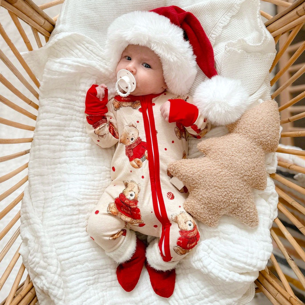 Cute Christmas Bear Printed Zipper Long Sleeve Baby Jumpsuit