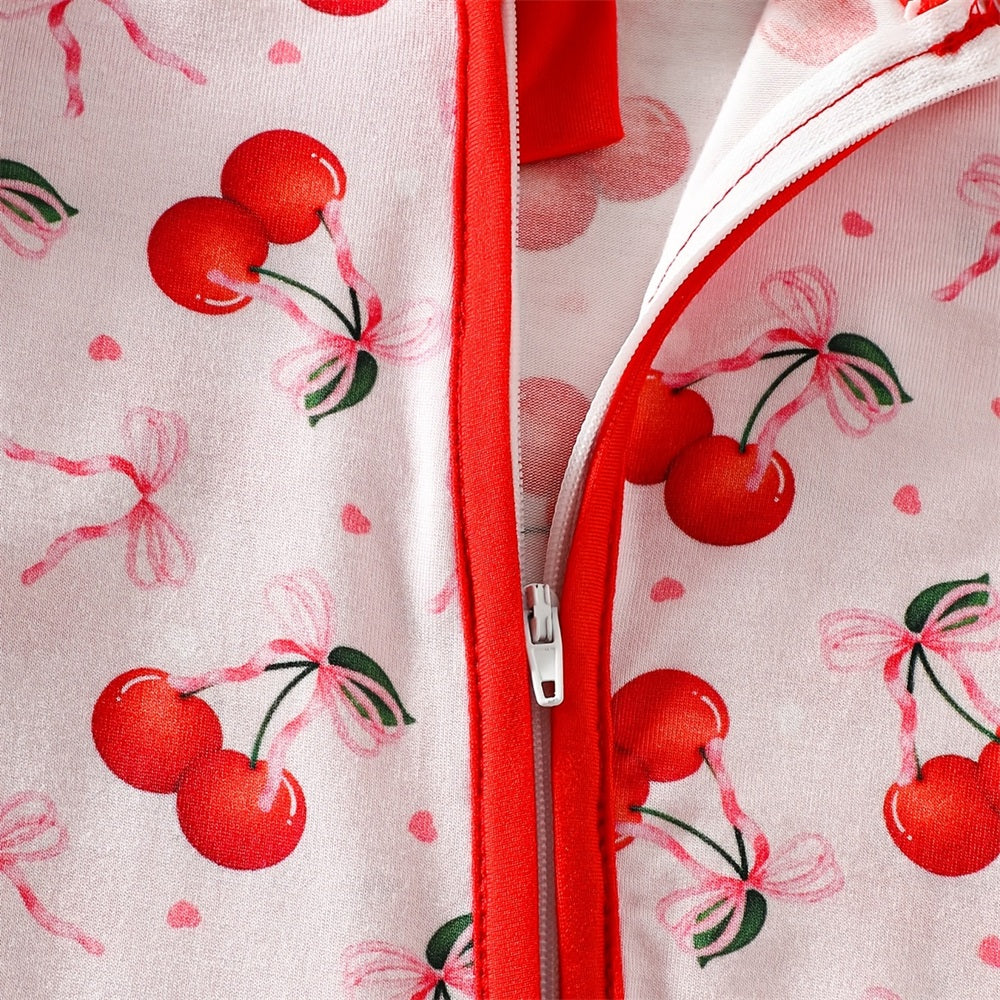 Vibrant Cherry Bow Printed Long Sleeve Zipper Baby Jumpsuit