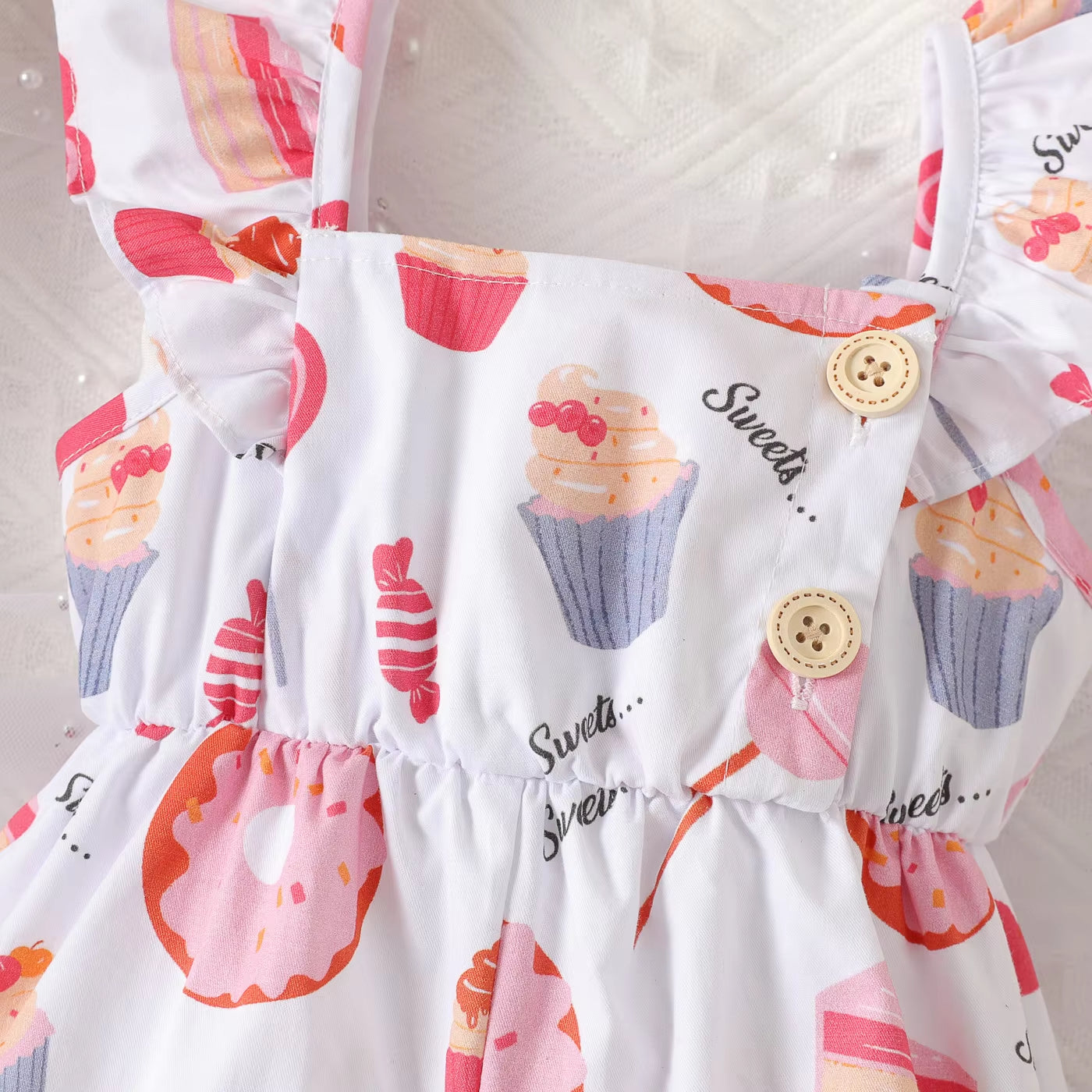 Sweet Letter Cake & Donut Printed Flounce Sleeve Baby Jumpsuit