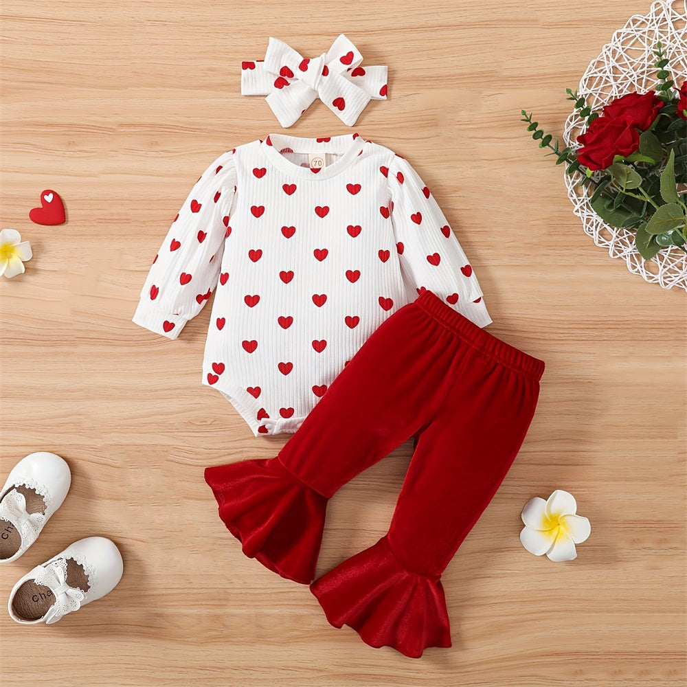 3PCS Casual Stylish Heart Printed Long Sleeve Baby Set