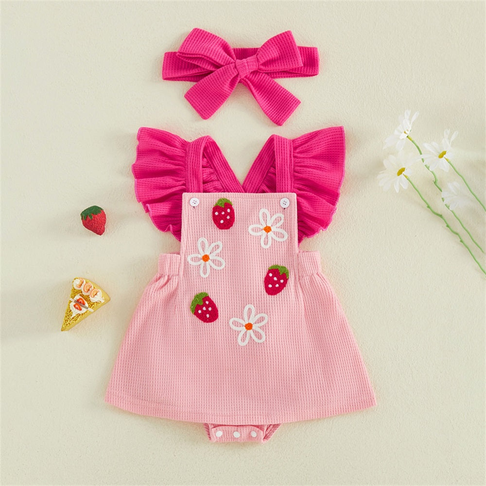 2PCS Strawberry Embroidery Flounce Sleeve Baby Romper