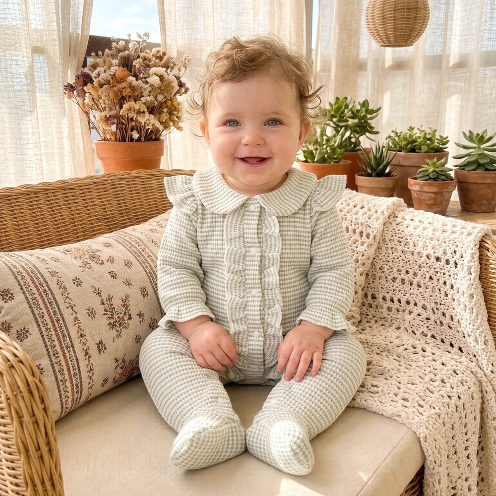 Comfy Solid Color Waffle Long Sleeve Ruffle Baby Girl Jumpsuit