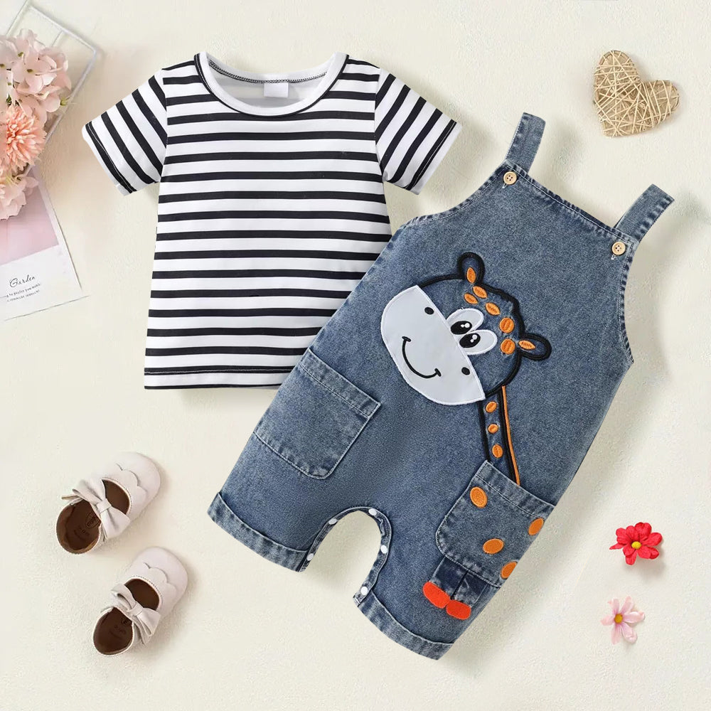 2PCS Cute Giraffe Printed Striped Short Sleeve Baby Denim Overalls Set