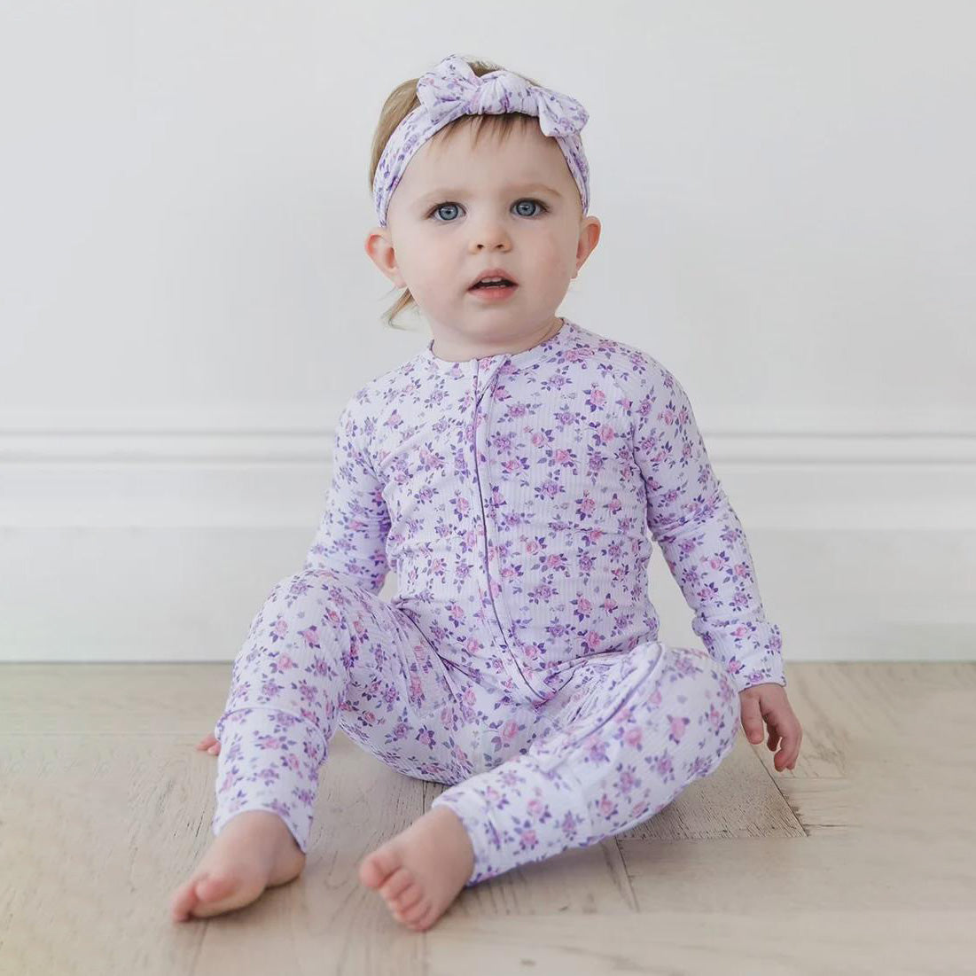 Elegant Floral Printed Long Sleeve Zipper Baby Jumpsuit
