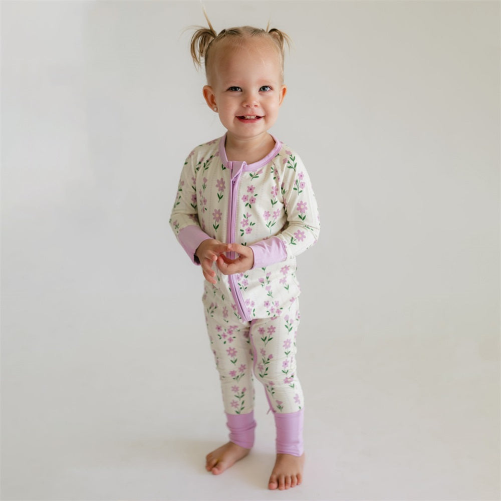 2PCS Floral Printed Long Sleeve Zipper Baby Jumpsuit