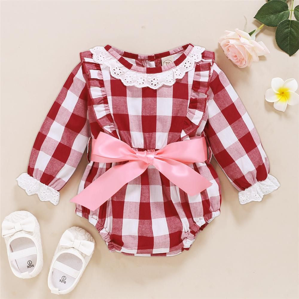 Classic Plaid Print Bow Ruffled Long Sleeve Baby Romper