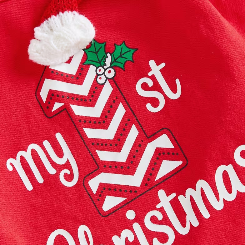 3PCS Sweet My 1st Christmas Letter Plaid Printed Long Sleeve Baby Set