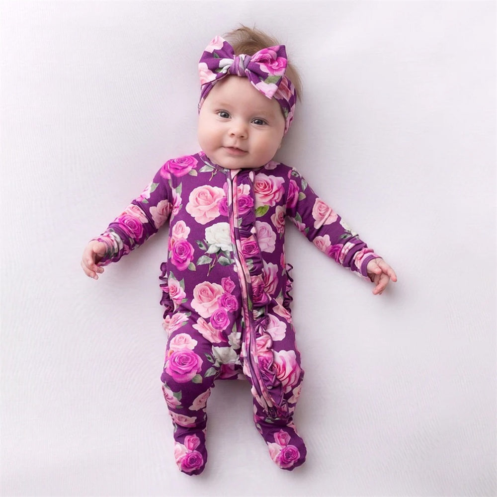 2PCS Sweet Floral Print Zipper Long Sleeve Baby Girl Jumpsuit