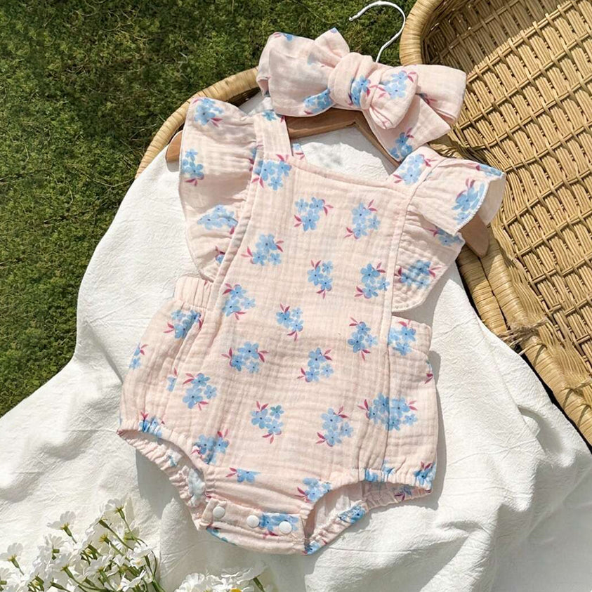 2PCS Gorgeous Floral Print Flounce Sleeve Baby Romper