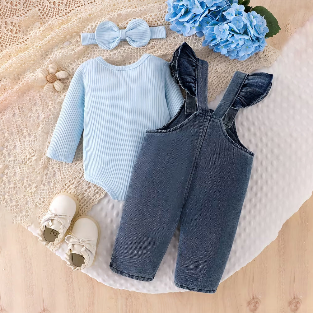 3PCS Sweet Bow Embroidery Overalls Denim Baby Set