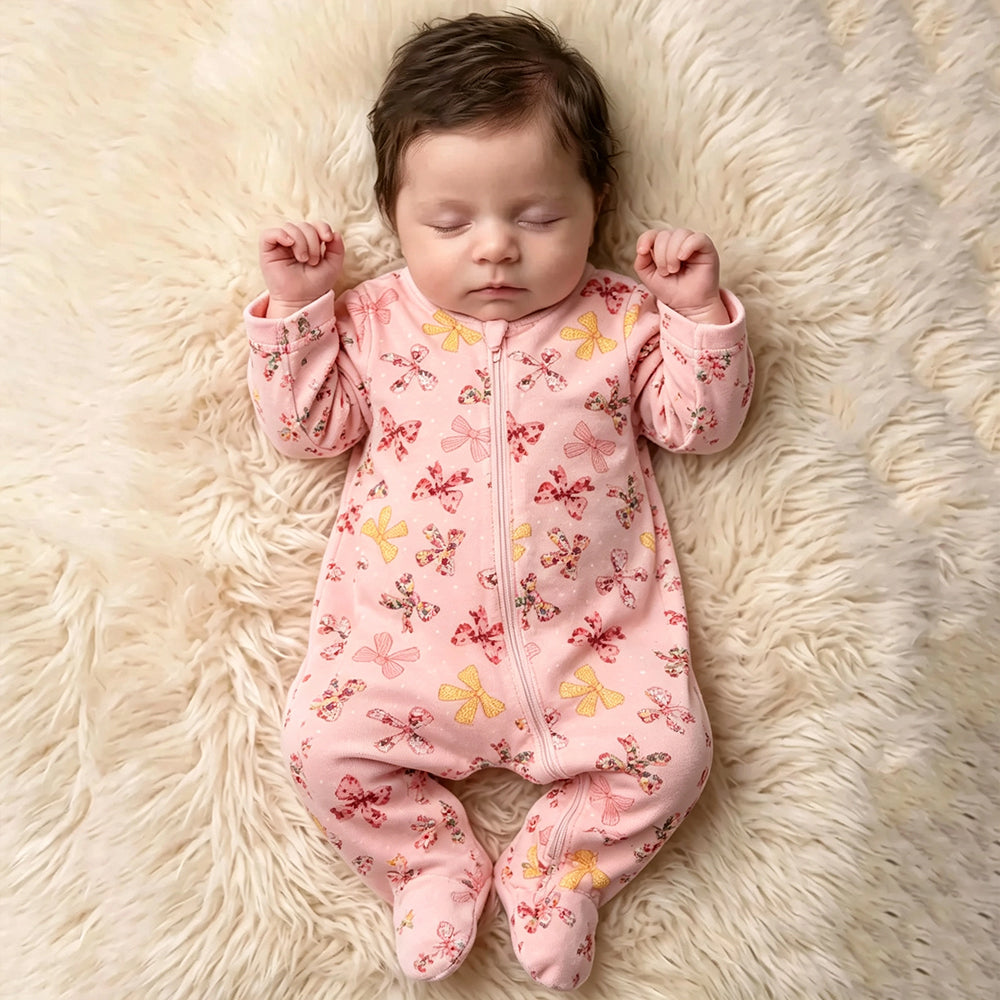 Delightful Baby Girl Bow Print Long Sleeve Zipper Jumpsuit