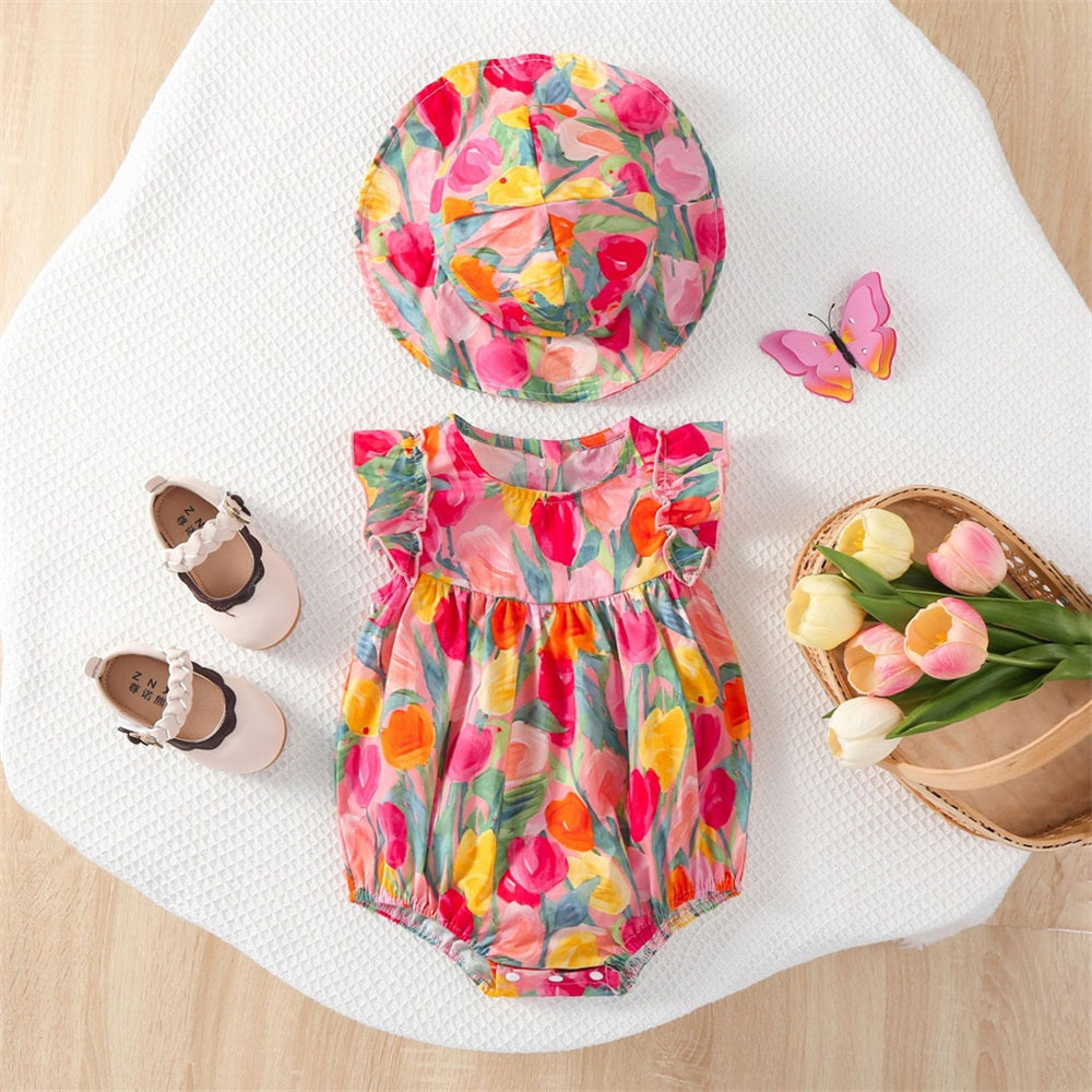 2PCS Cute Tulip Printed Sleeveless Baby Romper