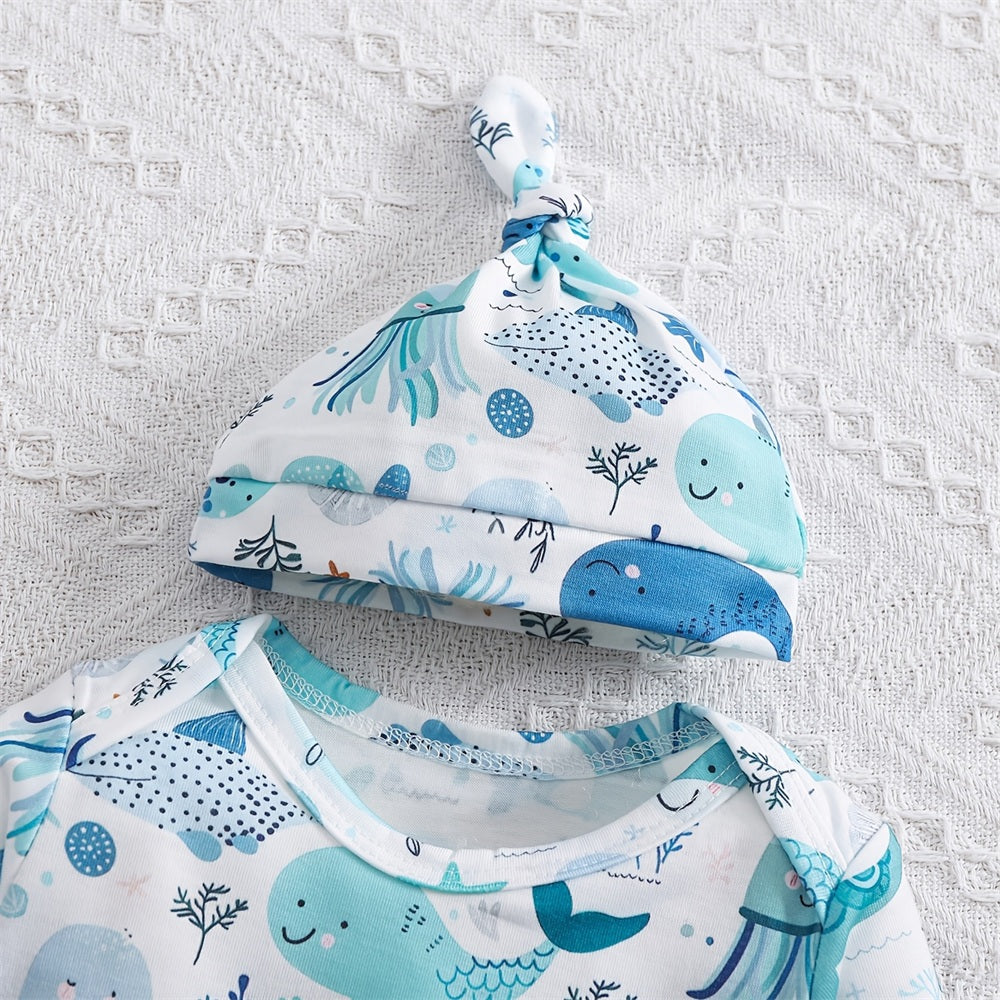 2PCS Cute Sea Animals Printed Long Sleeve Baby Jumpsuit