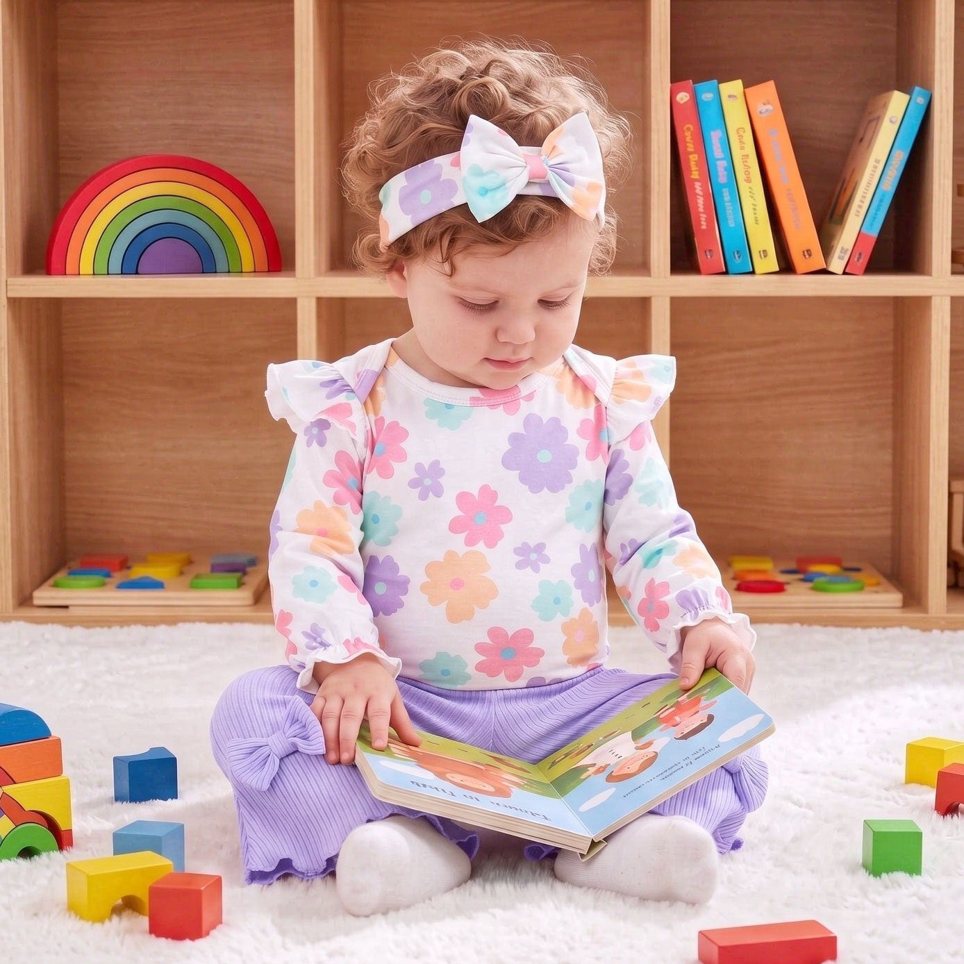 4PCS Bubbly Floral Printed Long Sleeve Baby Set