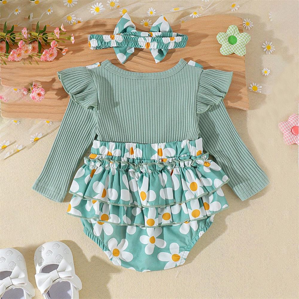 2PCS Cute Floral Print Long Sleeve Baby Romper