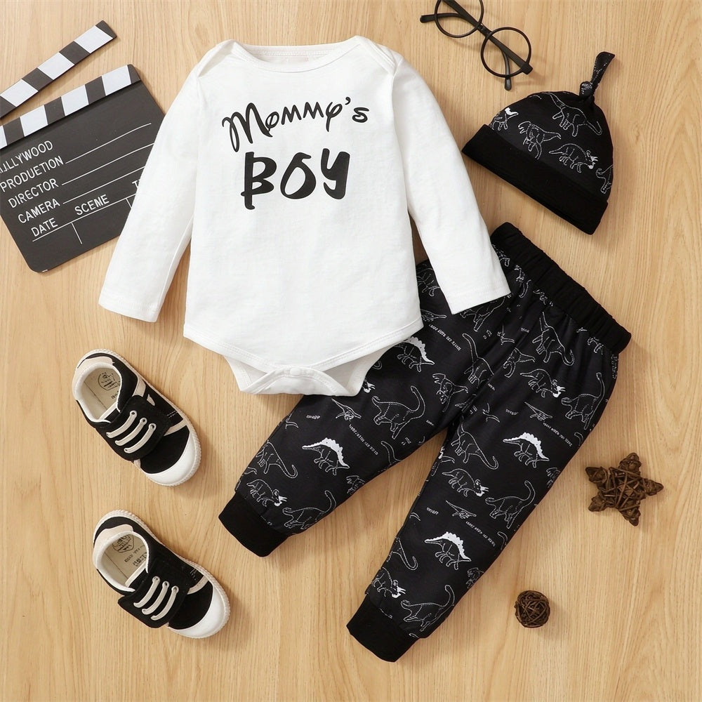 3PCS Stylish Mama's Boy Letter Dinosaur Print Long Sleeve Baby Boy Set