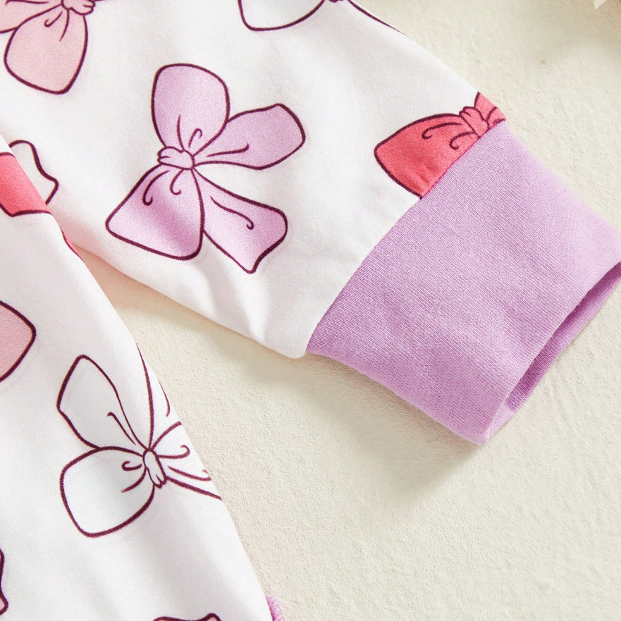 2PCS Elegant Bow Printed Zipper Baby Girl Jumpsuit