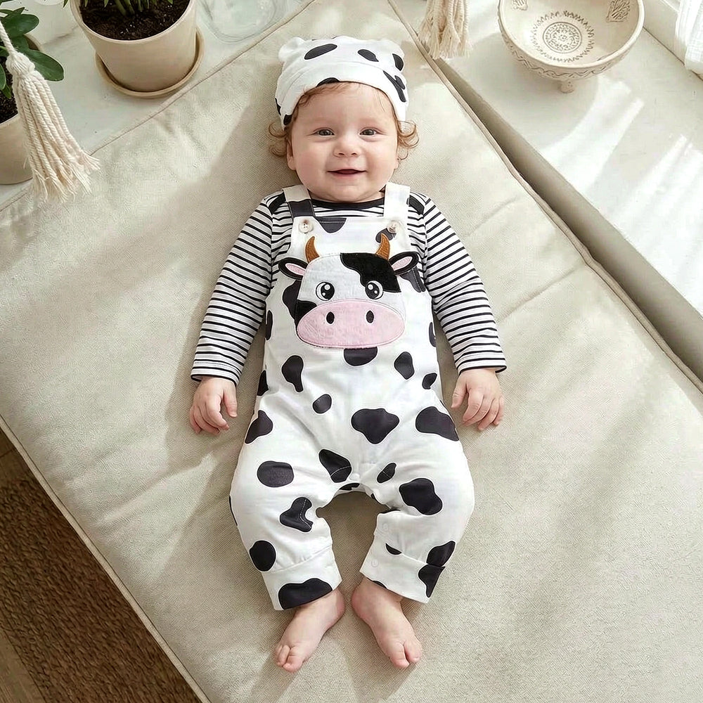 3PCS Cute Cow Applique Stripe Print Long Sleeve Overalls Baby Set