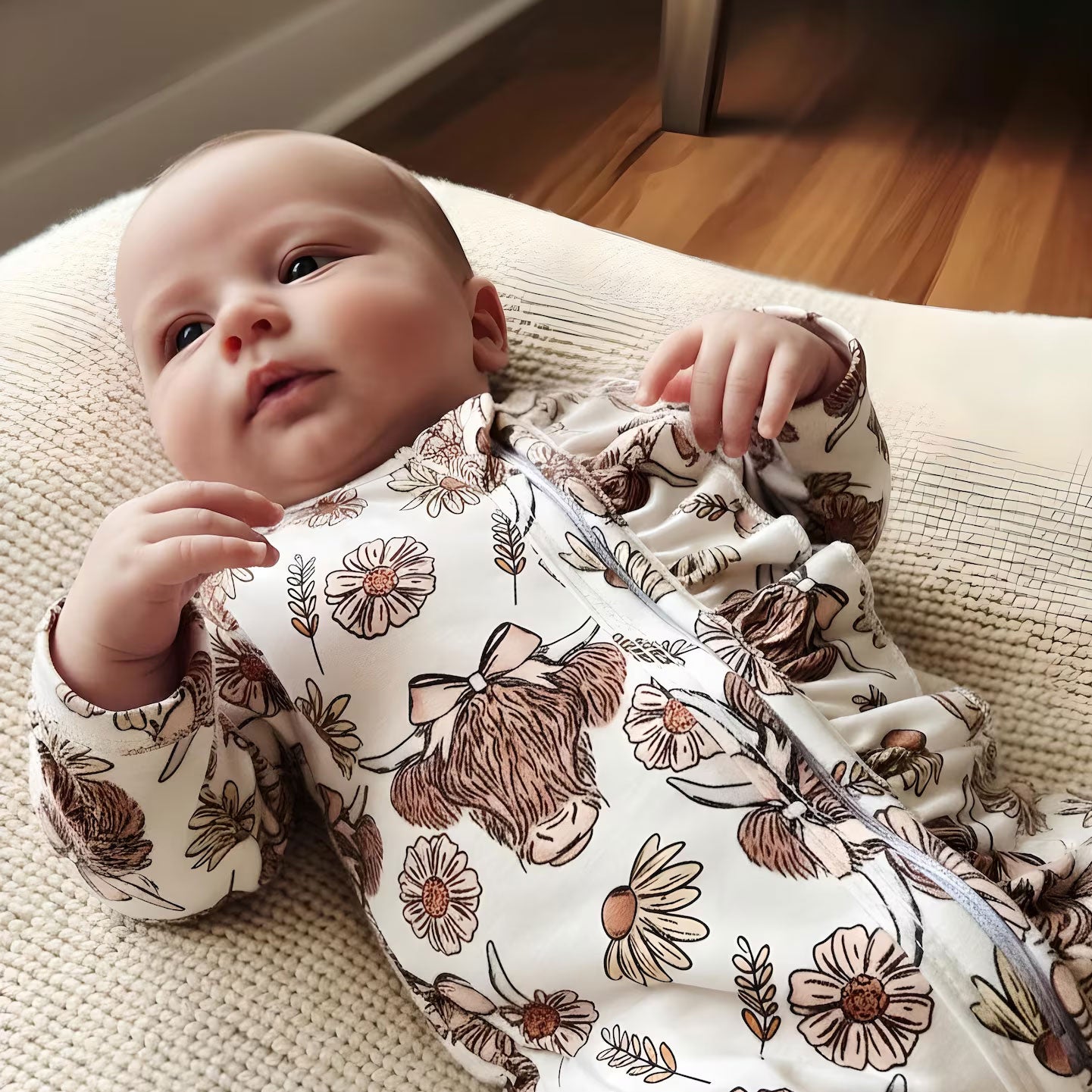 Pretty Cow Floral Printed Long Sleeve Zipper Baby Jumpsuit