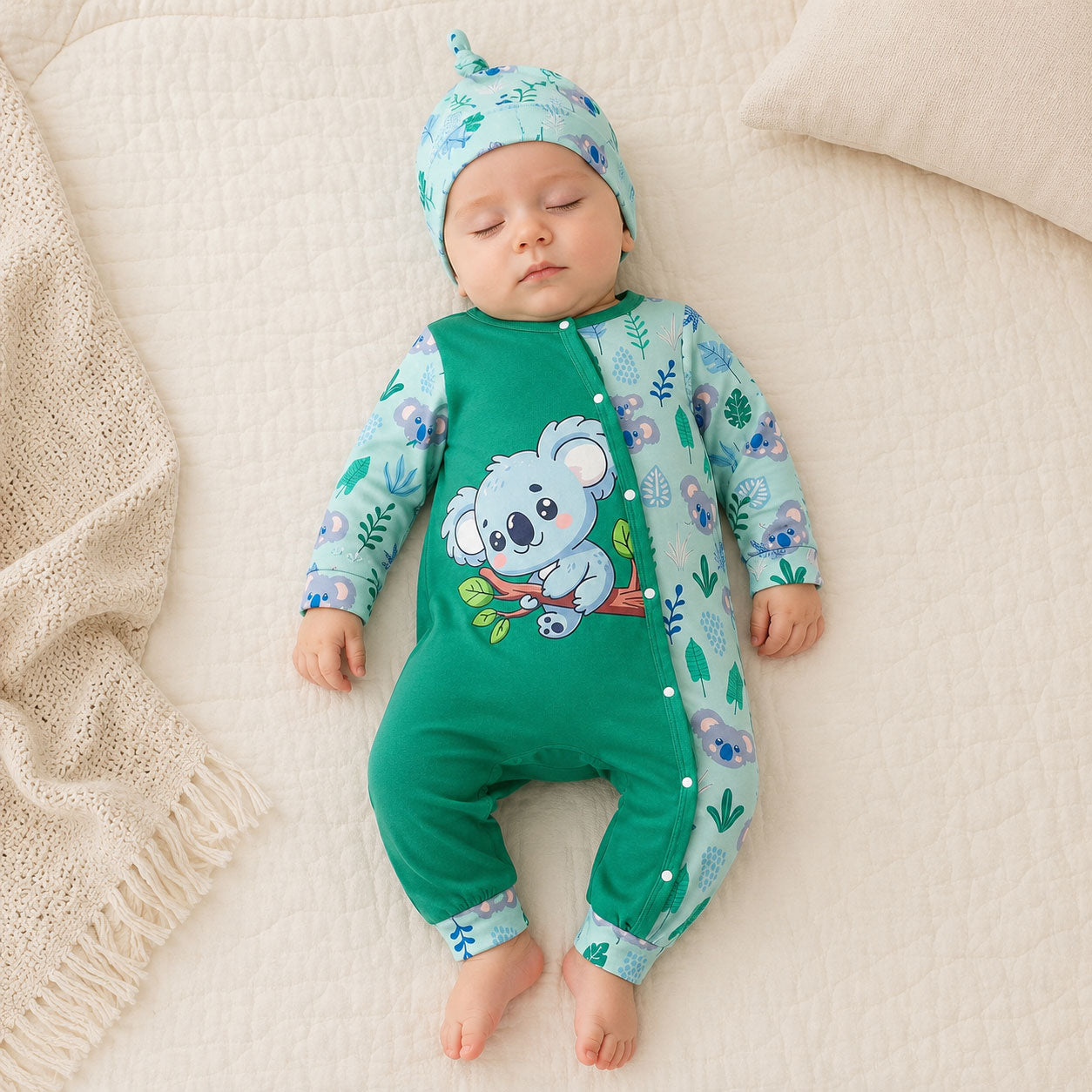 2PCS Adorable Koala and Plant Print Long Sleeve Baby Jumpsuit