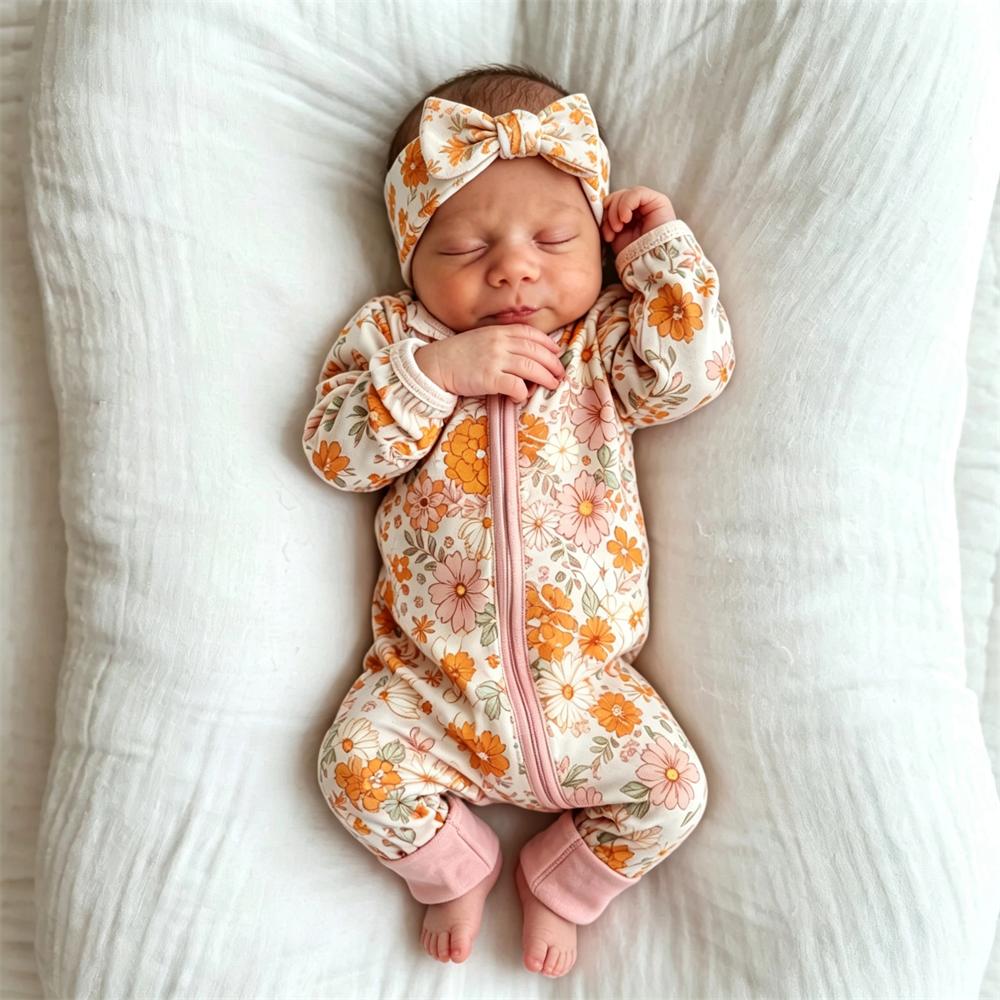 2PCS Cheerful Floral Printed Long Sleeve Baby Girl Jumpsuit