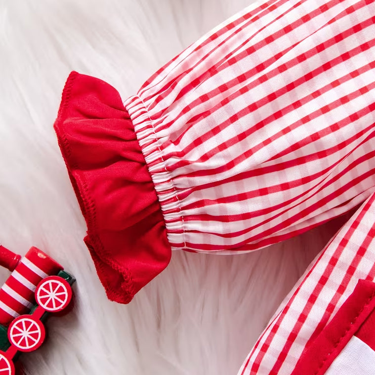 Lovely Christmas Tree Applique Plaid Printed Long Sleeve Baby Romper