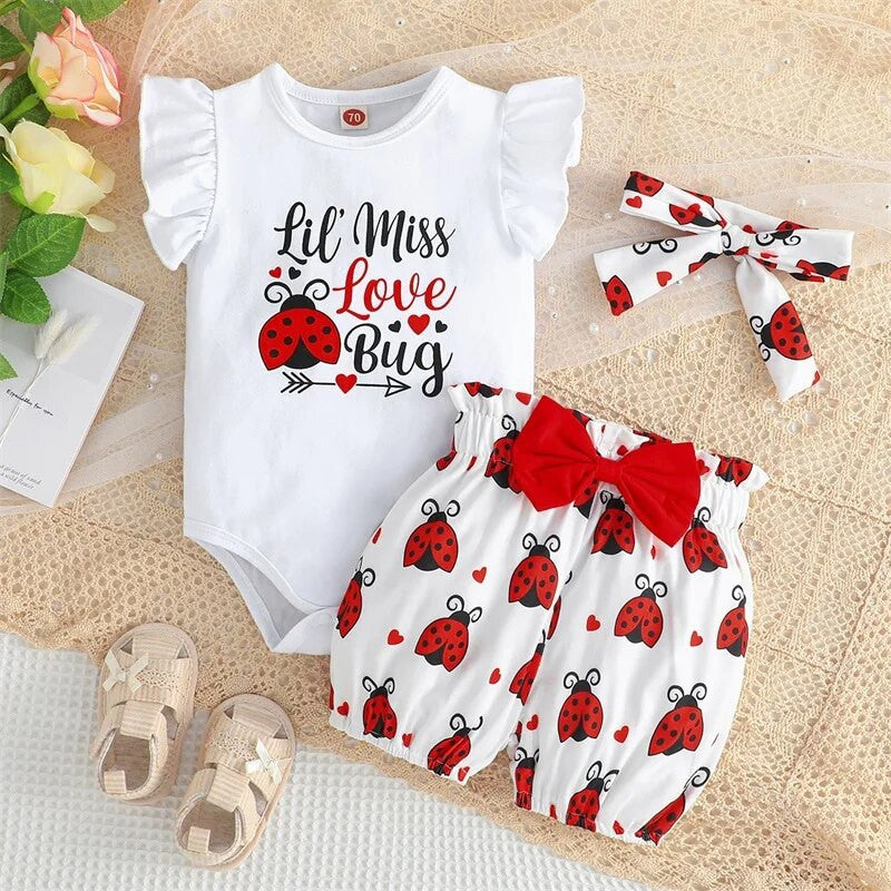 3PCS Lovely Lil Miss Love Bug Letter Ladybug Print Baby Set