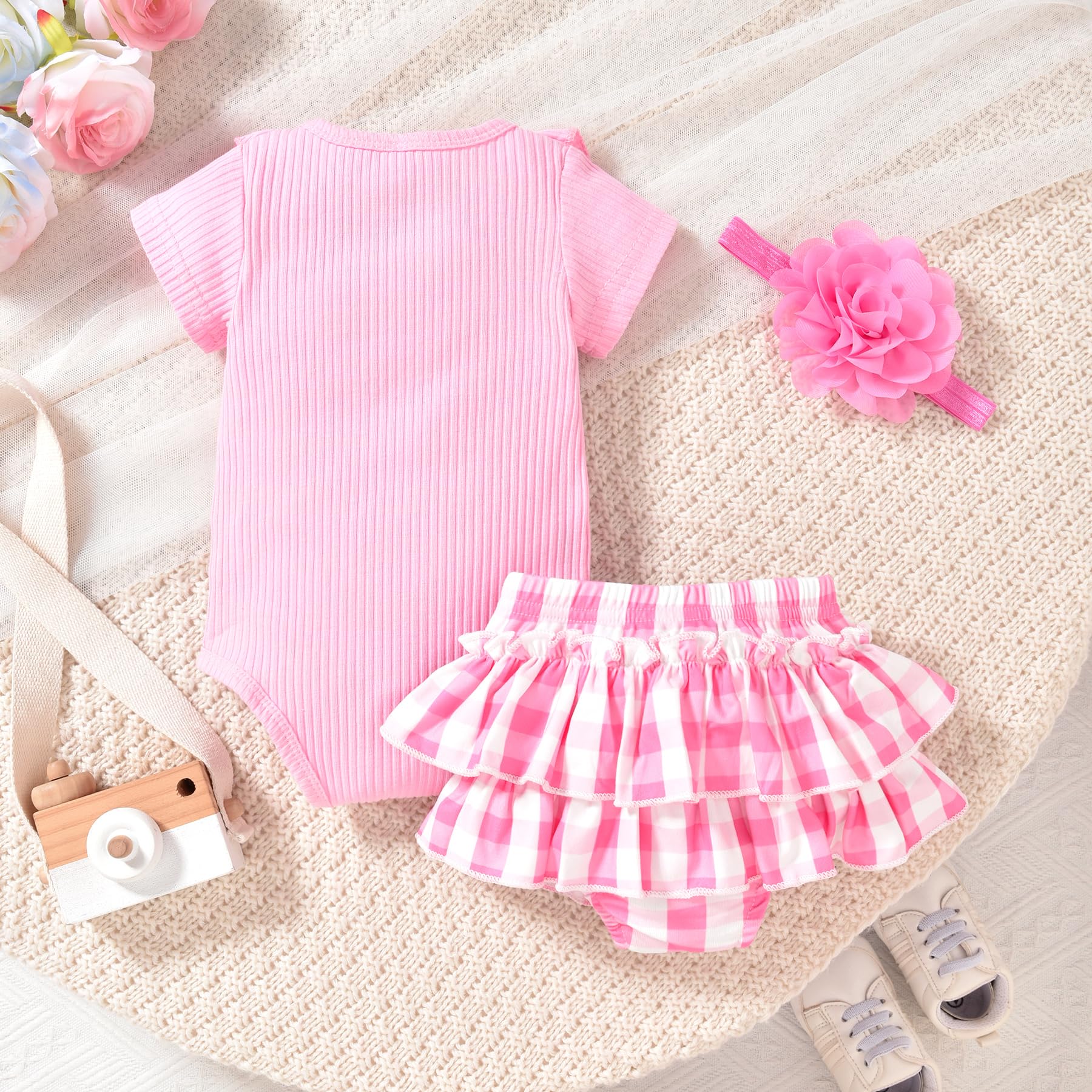 3PCS Solid Color Romper And Plaid Printed  Shorts Baby Set
