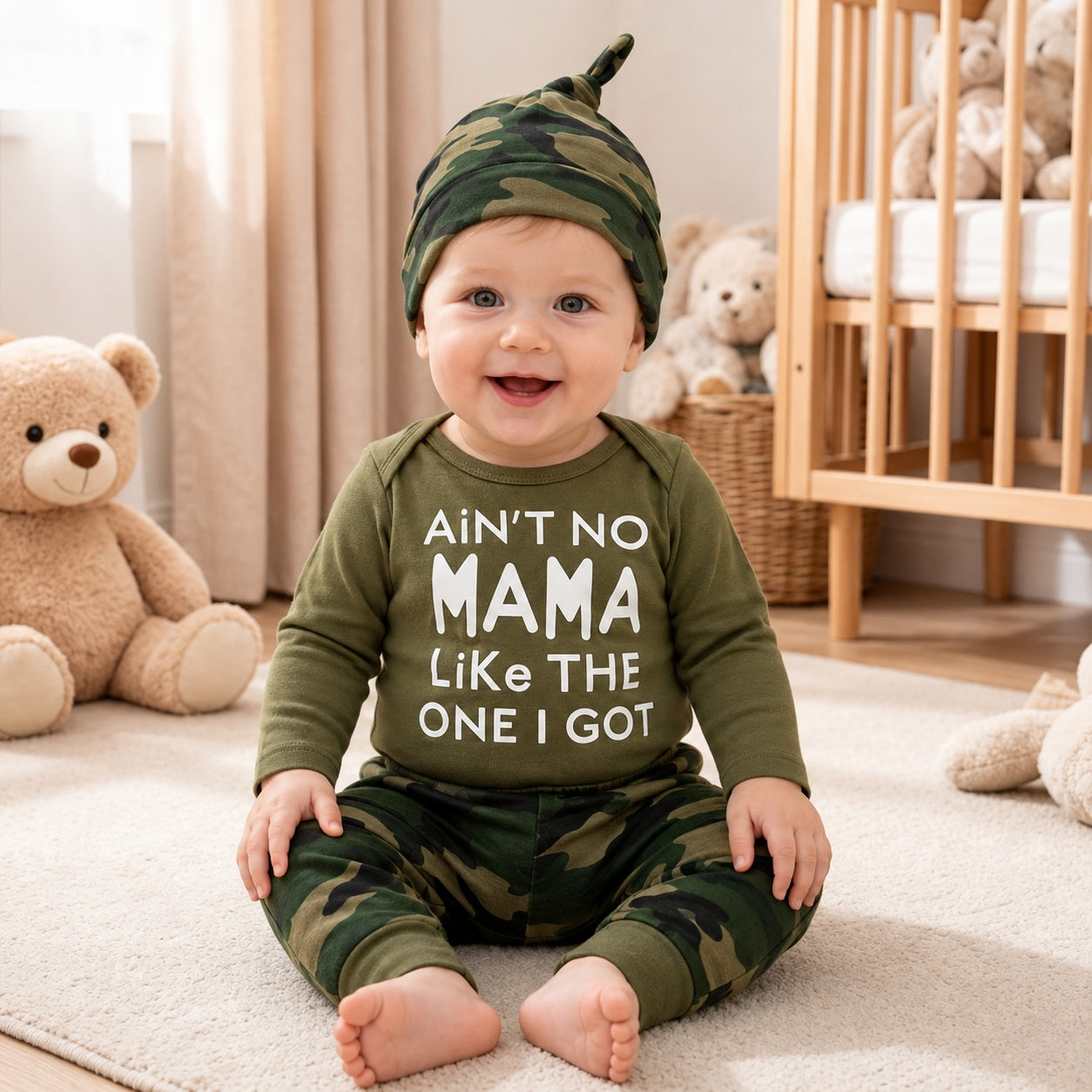 3PCS Ain't No Mama Like The One I Got Letter Camouflage Printed Baby Set