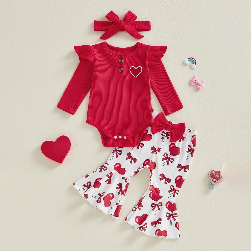 3PCS Grace Bow Heart Print Baby Set