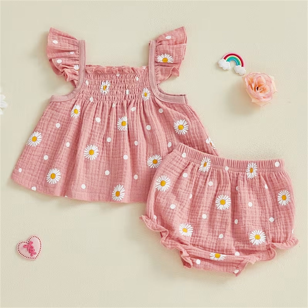 2PCS Summer Cute Daisy Printed Fly Sleeve Baby Set