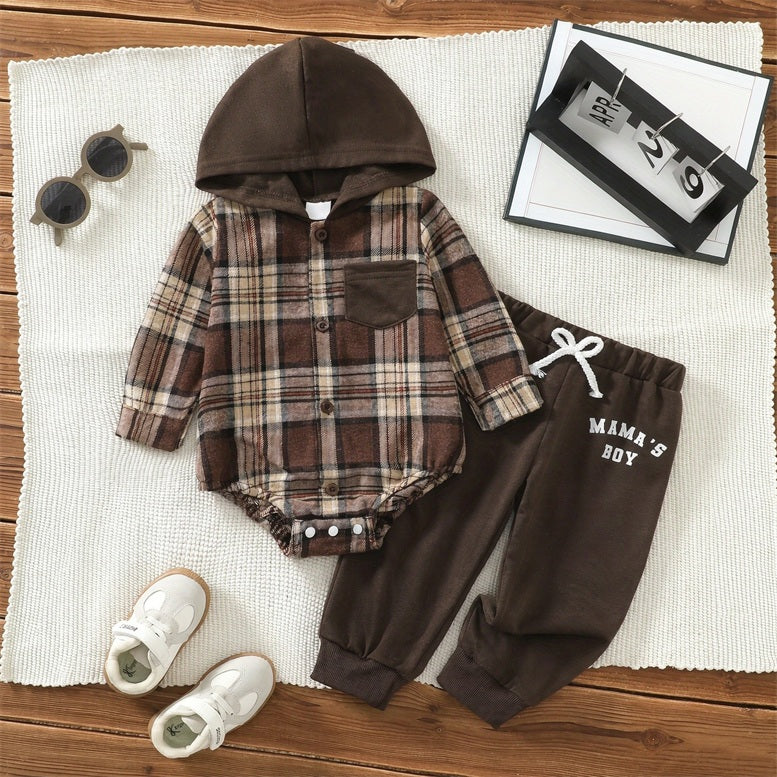 2PCS Mama's Boy Letter Plaid Print Long Sleeve Hoodie Baby Set