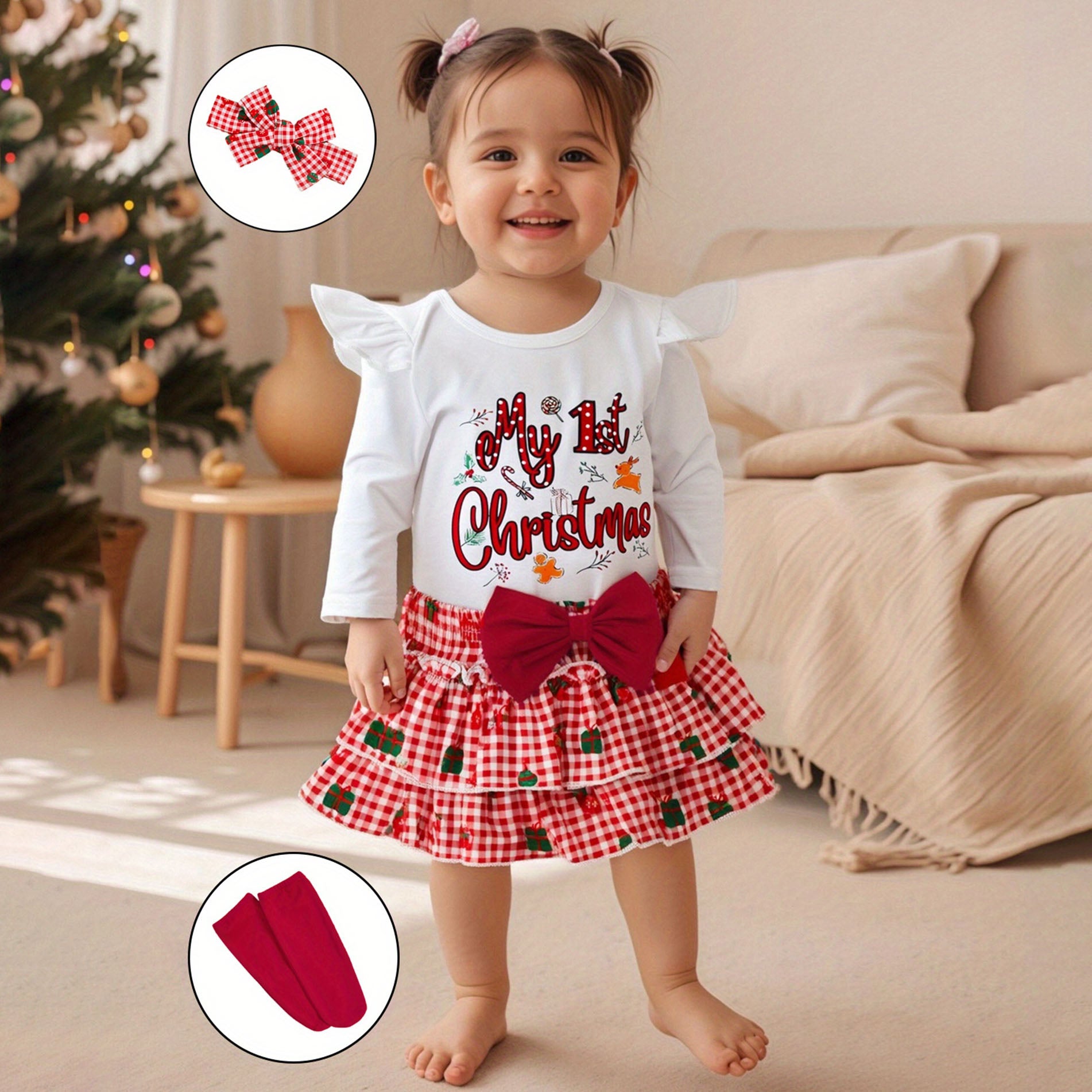 4PCS My 1st Christmas Letter Gift Plaid Print Baby Set