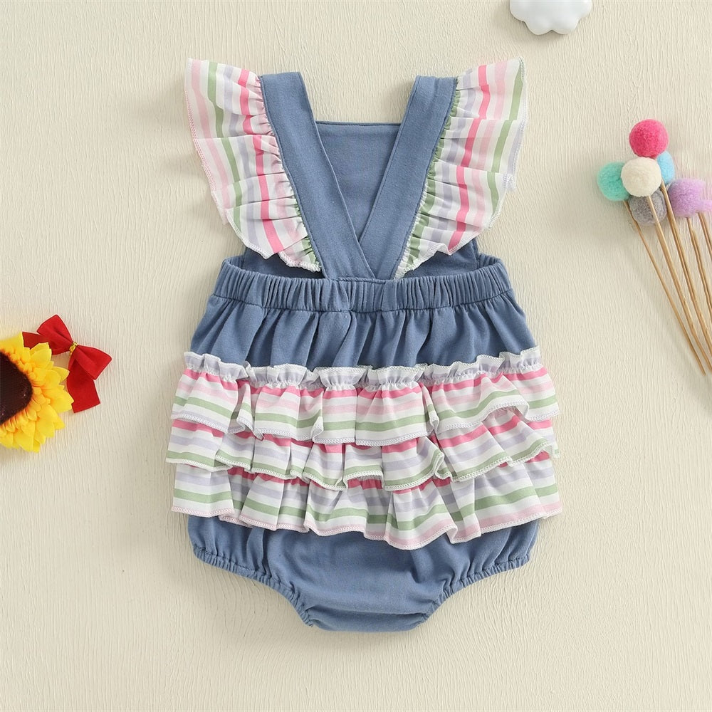 Summer Bow Embroidery Fly Sleeve Frill Trim Baby Romper
