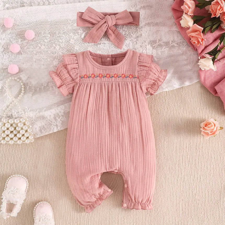 2PCS Pretty Solid Color Floral Embroidery Baby Jumpsuit