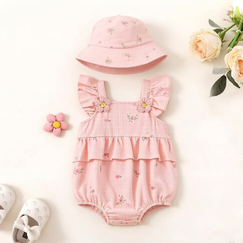2PCS Gorgeous Floral Print Flutter Sleeve Baby Romper