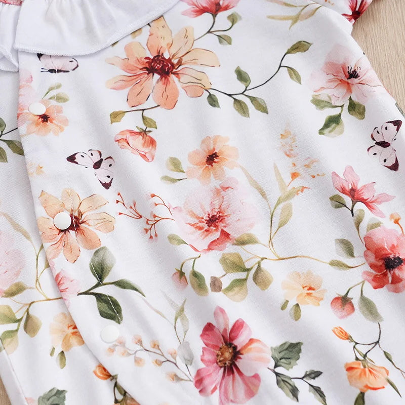 Casual Round Neck Floral Printed Short Sleeve Baby Jumpsuit