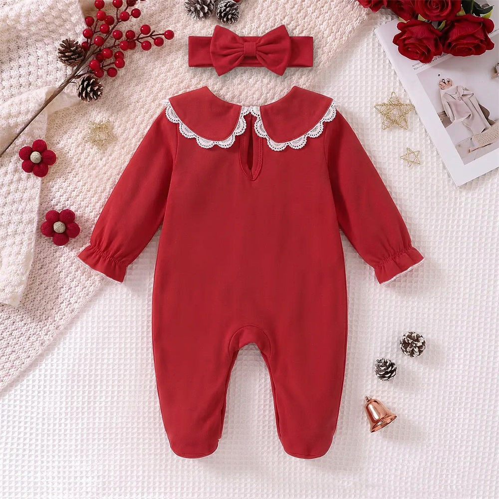 2PCS Christmas Themed Letter Print Peter Pan Collar Baby Jumpsuit