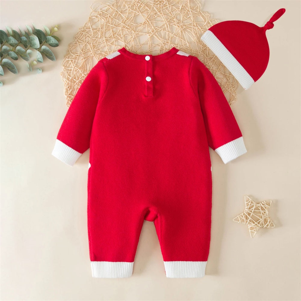 2PCS Christmas Santa Claus Pattern Knit Long Sleeve Baby Jumpsuit