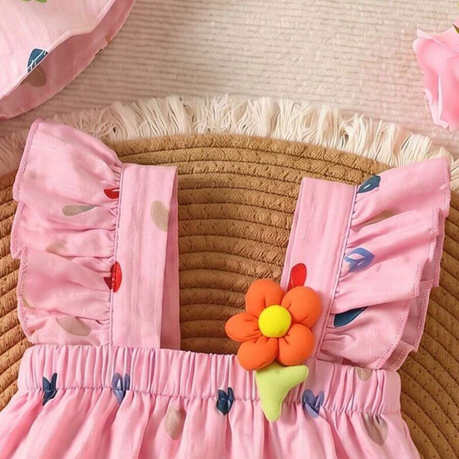 2PCS Classic Heart Print Flutter Sleeve Baby Jumpsuit