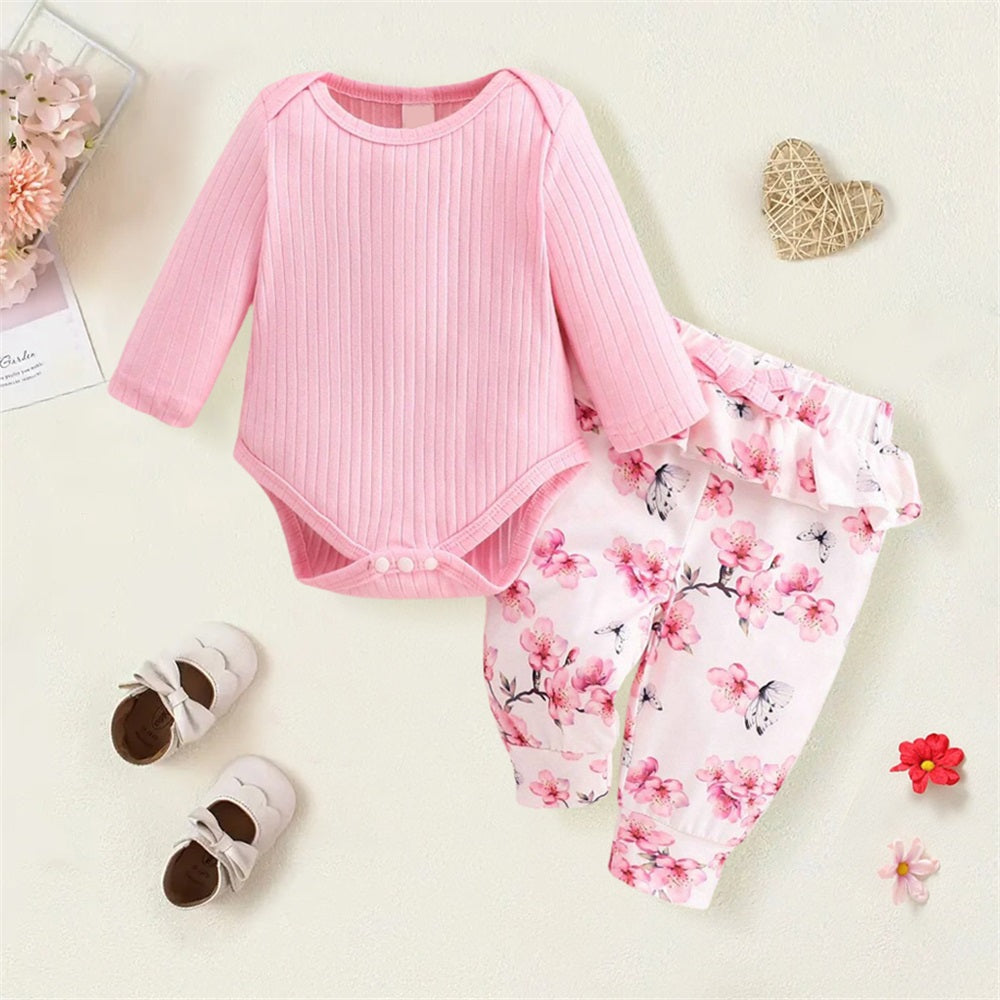 2PCS Sweet Floral Print Rib Long Sleeve Baby Set