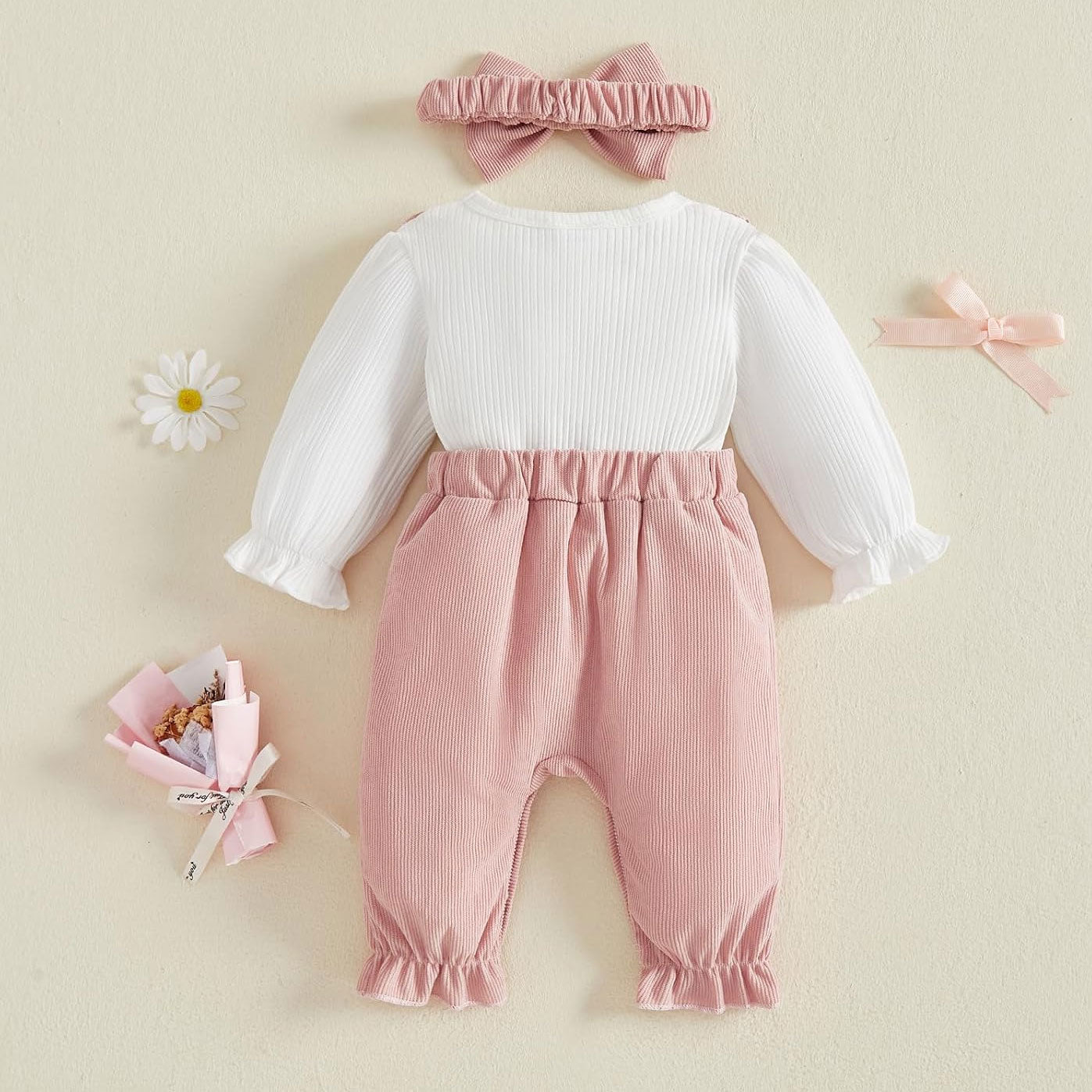 2PCS Lovely Floral Appliqué Long Sleeve Baby Jumpsuit