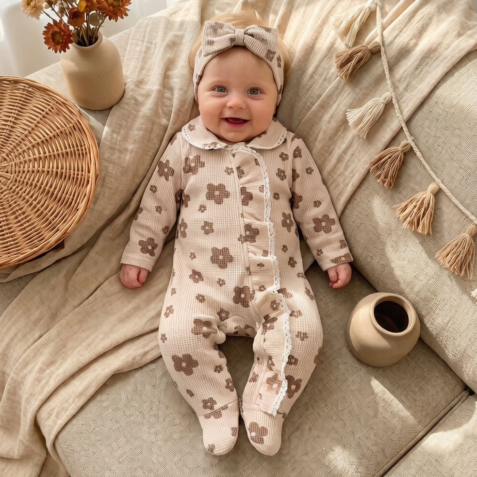 2PCS Adorable Allover Floral Printed Zipper Baby Jumpsuit