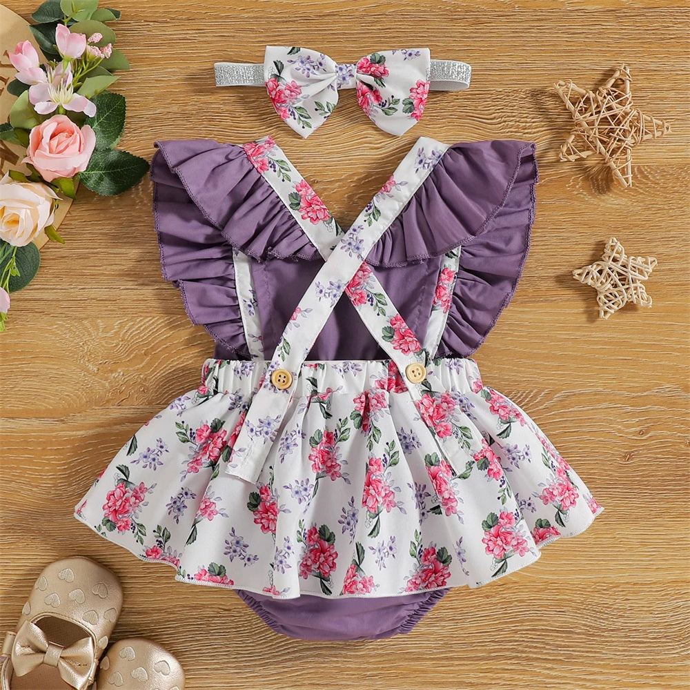 2PCS Cute Floral Print Flutter Sleeve Baby Girl Romper