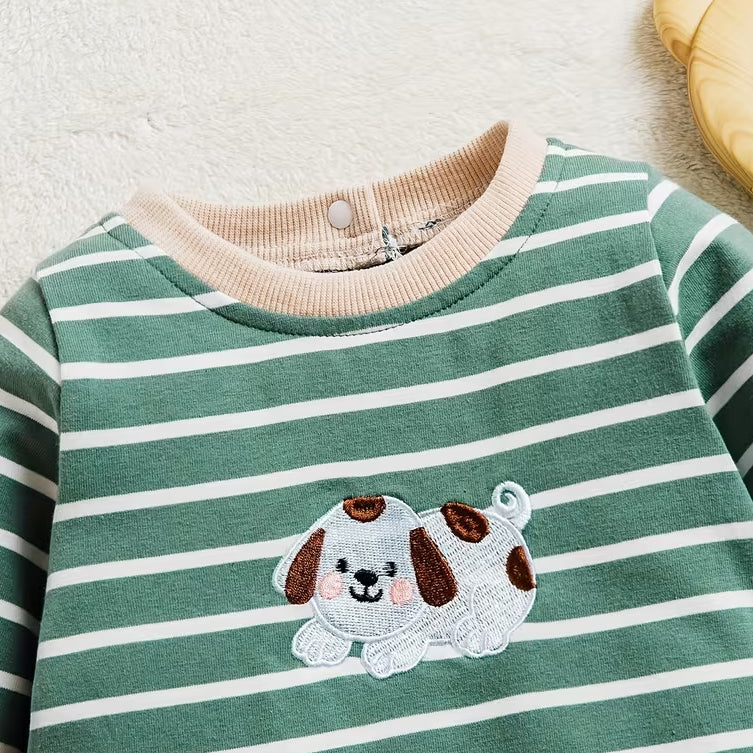 Lovely Pet Puppy Applique Stripe Print Long Sleeve Baby Jumpsuit
