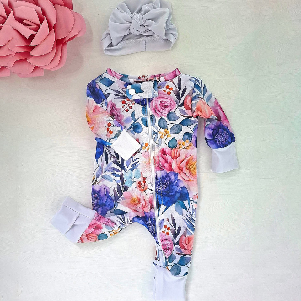 2PCS Lovely Floral Print Zipper Long Sleeve Baby Jumpsuit