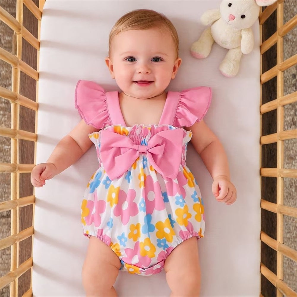Cute Floral Printed Bow Fly Sleeve Baby Romper