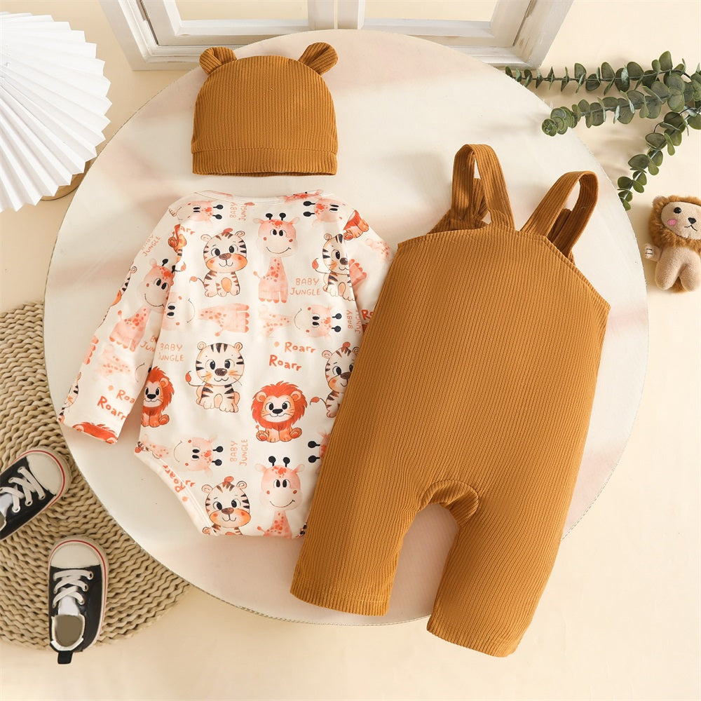 3PCS Casual Adorable Animal Printed Long Sleeve Baby Overalls Set