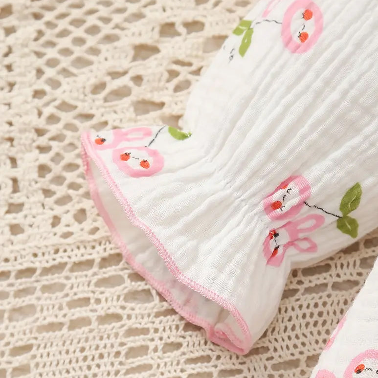 2PCS Cute All-Over Cherry Printed Long Sleeve Baby Jumpsuit