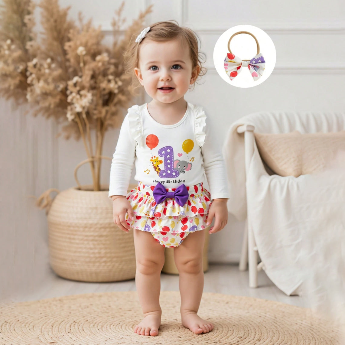 3PCS Happy Birthday Letter Animal Printed Baby Set